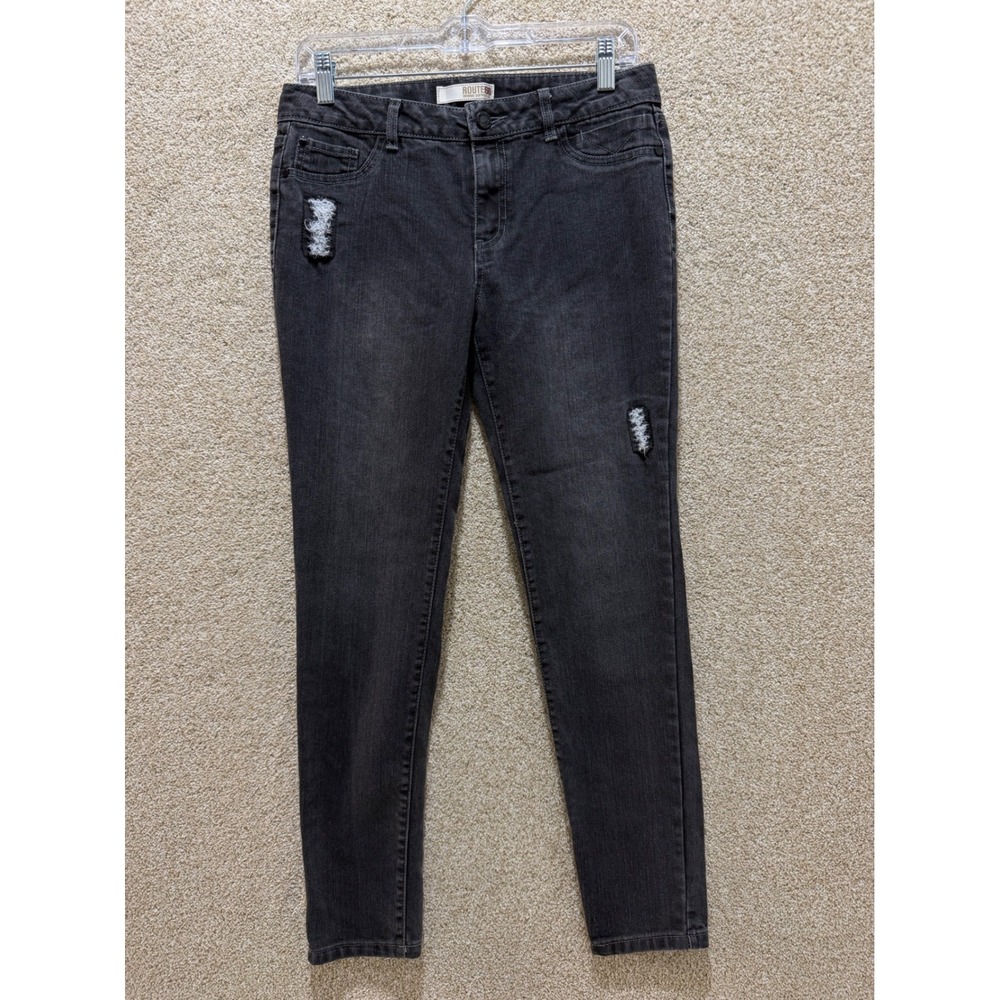 Kids black denim jeggings size 16 Route 66 some distresss faux front pockets